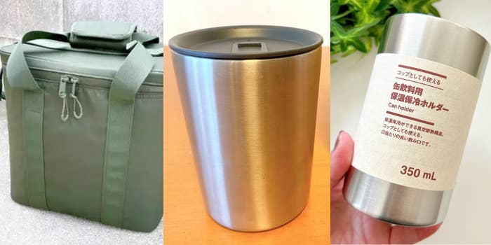 無印良品のおすすめアイテム「コップとしても使える 缶飲料用 保温保冷ホルダー」「ステンレスタンブラー」「保冷バッグ」