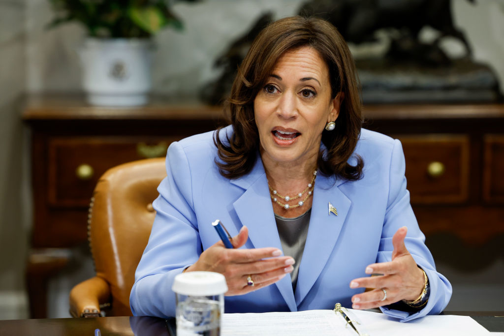 Kamala Harris speaks at a meeting, wearing a blazer and layered necklaces, gesturing with one hand while holding a pen in the other