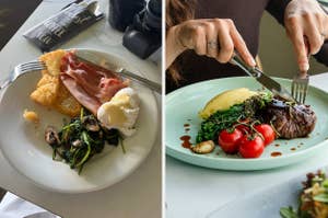 Left: A plated breakfast with hash browns, bacon, poached egg, mushrooms, and greens. Right: A plated meal with steak, broccolini, tomatoes, and mashed potatoes