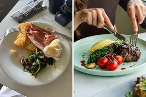 Left: A plated breakfast with hash browns, bacon, poached egg, mushrooms, and greens. Right: A plated meal with steak, broccolini, tomatoes, and mashed potatoes