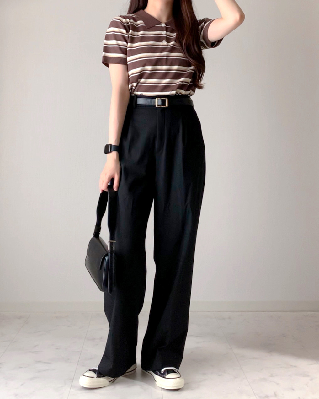 GU(ジーユー)のおすすめファッションアイテム「マルチボーダーポロセーター(半袖)Q」のコーディネート