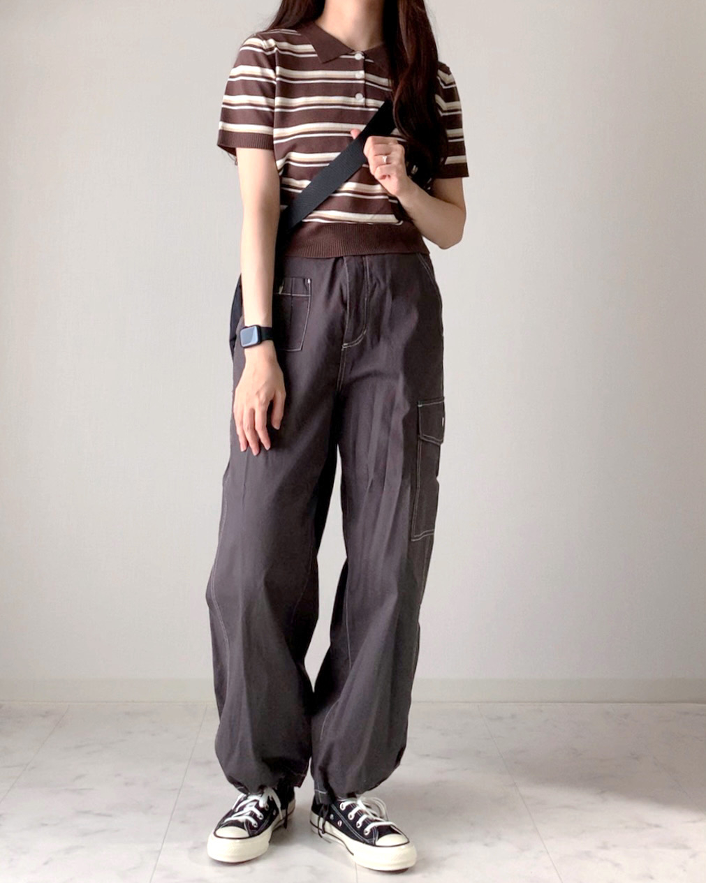 GU(ジーユー)のおすすめファッションアイテム「マルチボーダーポロセーター(半袖)Q」のコーディネート