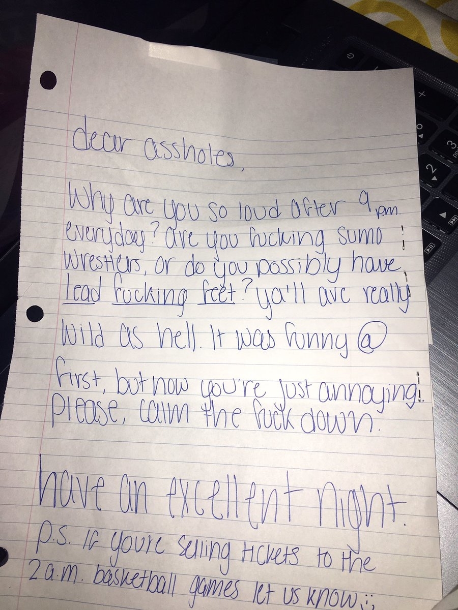 Handwritten note with explicit language asking loud people to be quiet after 9 PM, describes them as wild, annoying, and requests calmness