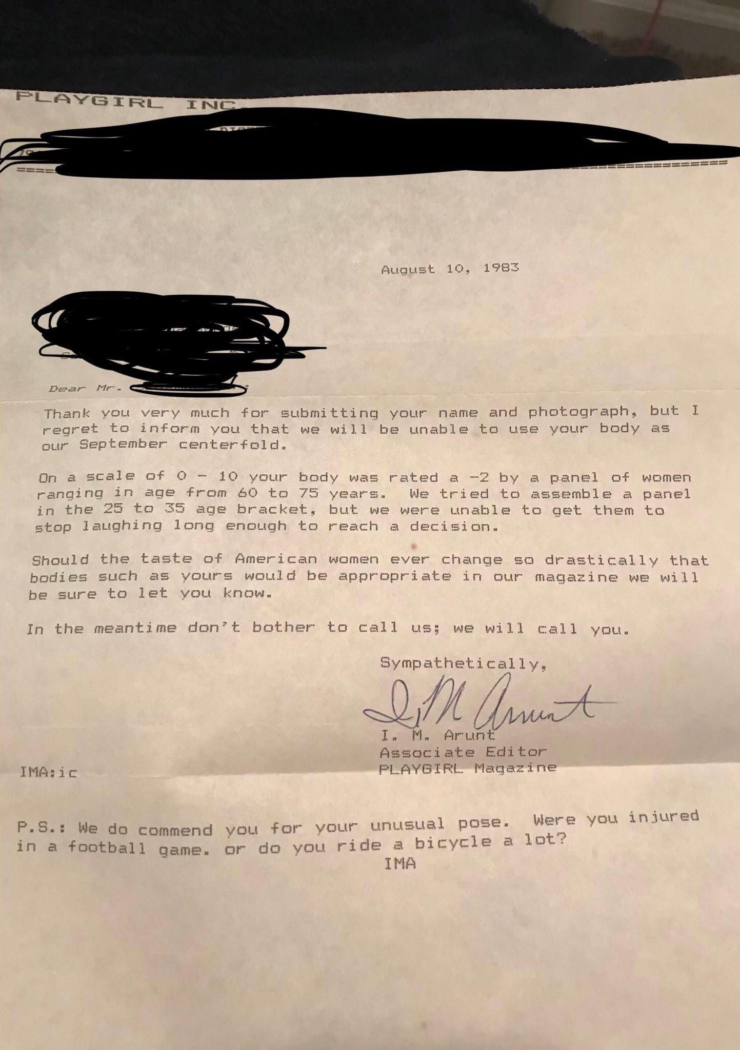 A rejection letter from Playgirl magazine dated August 10, 1983, humorously declining a photo submission due to its rating and unappealing nature