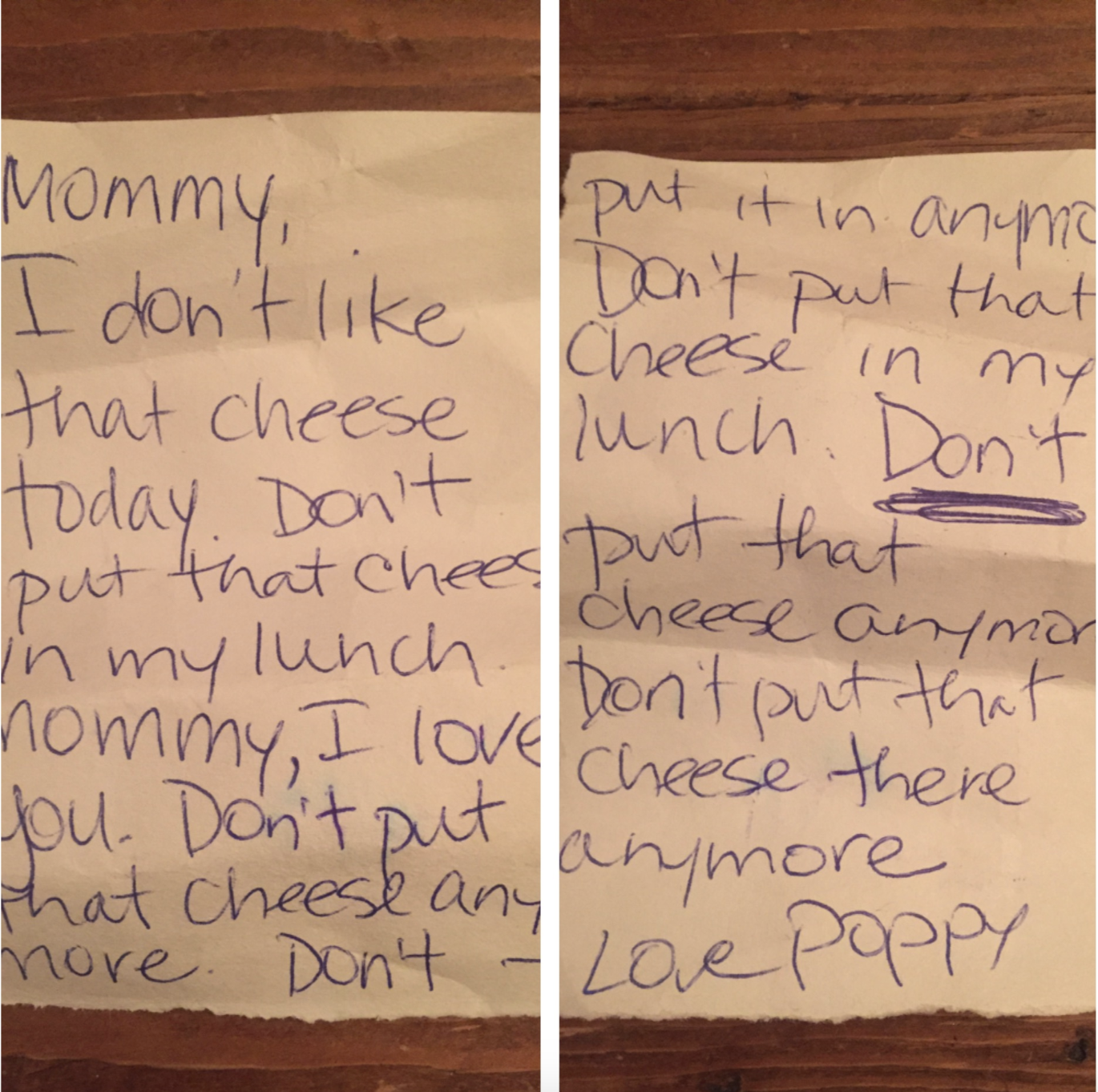 Note from Poppy to Mommy asking not to include cheese in lunch anymore, expressing love and dislike for the cheese