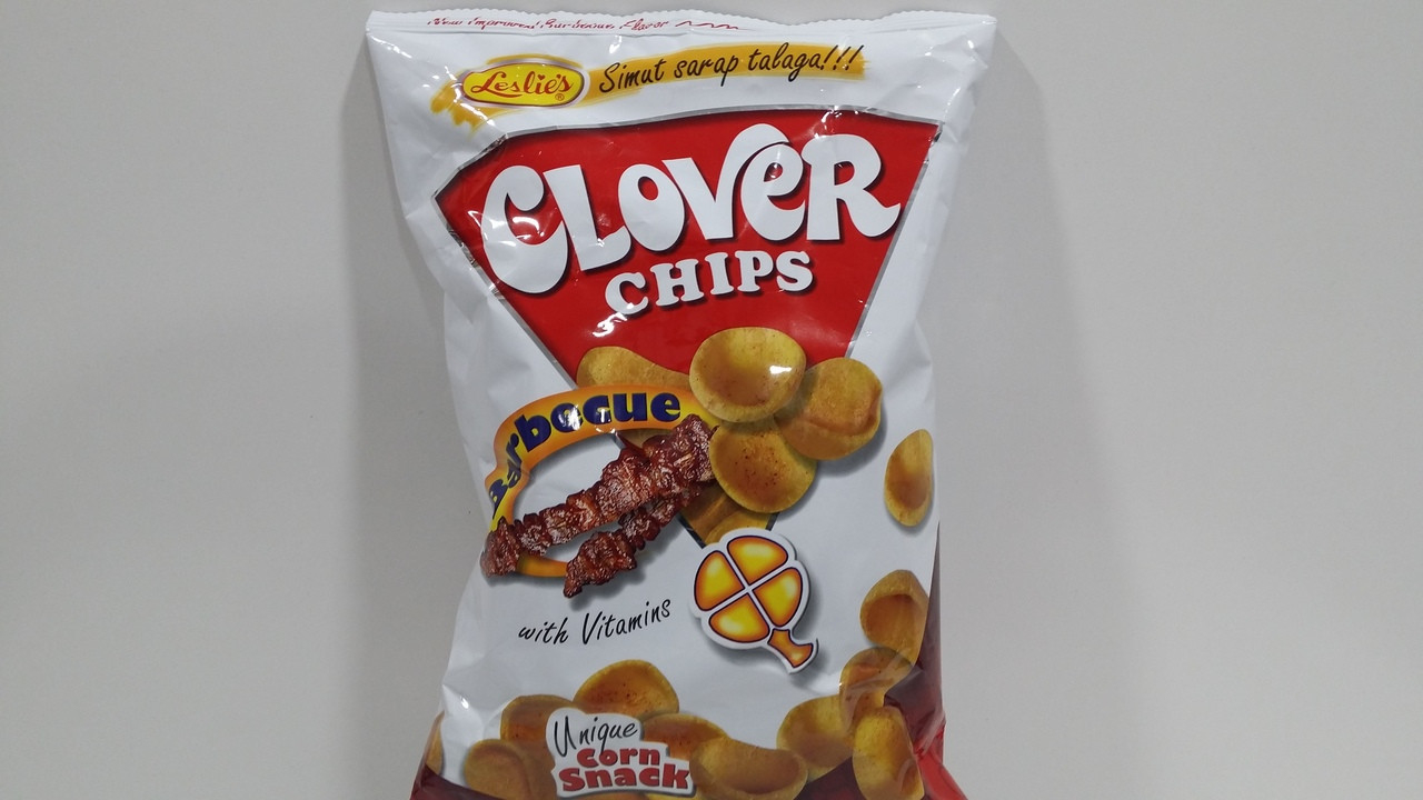 Bag of Clover Chips, a Filipino corn snack by Leslie, featuring barbecue flavor and marketed as fortified with vitamins