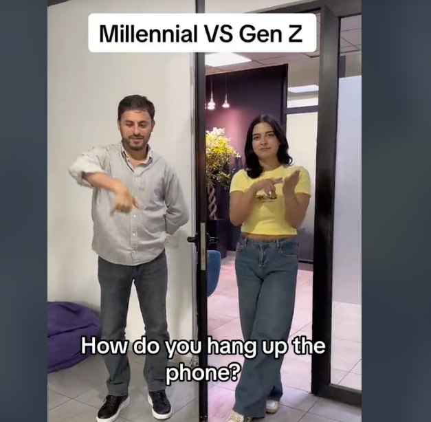 Millennial vs Gen Z: A man and a woman, in casual clothes, demonstrate different ways to hang up a phone as part of a social media trends video. Text: &quot;How do you hang up the phone?&quot;
