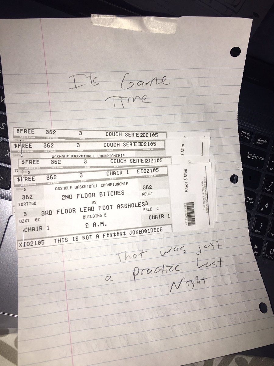 Handwritten note saying, "It's Game Time" with three folded tickets labeled for a "3rd floor bitches" event and a computer keyboard in the background