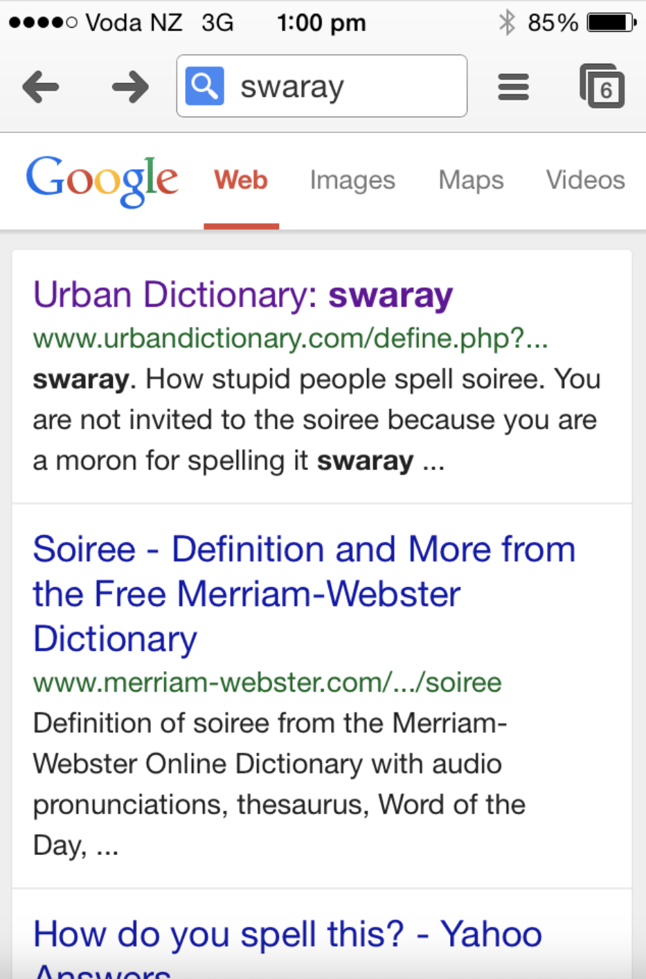 Google search results for the term "swaray." Top results include a humorous Urban Dictionary definition and the Merriam-Webster Dictionary definition of "soiree."
