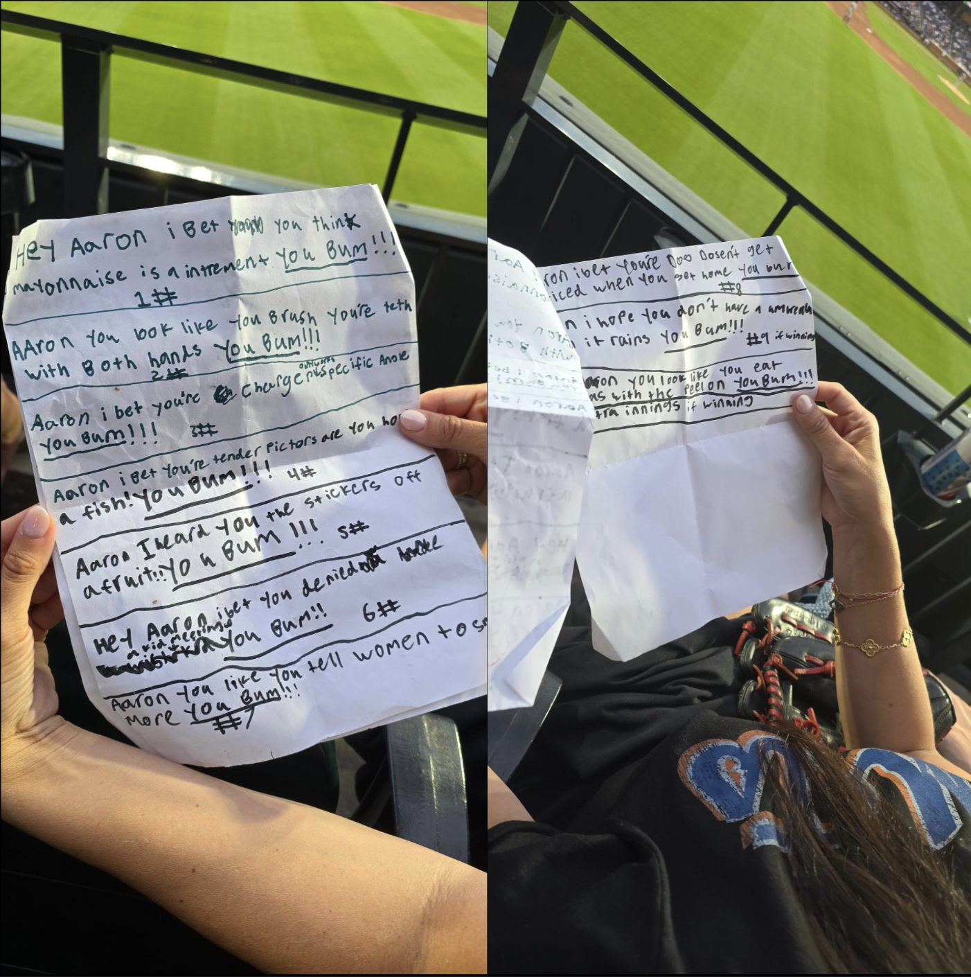 A person holding a handwritten letter with multiple pages at a sports event. The letter contains messages addressing someone named Aaron, focusing on topics like mayonnaise, mustard, and peanut butter