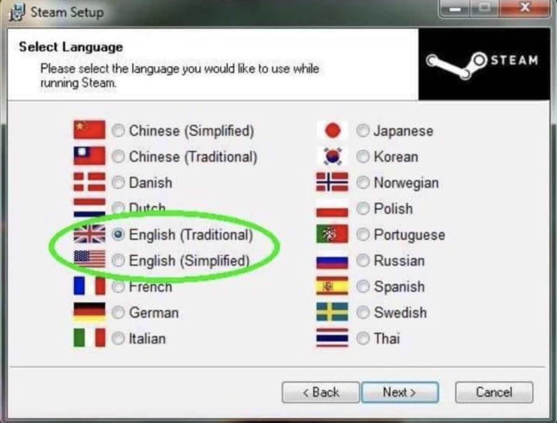 Steam setup language selection window with multiple language options including English (Traditional) and English (Simplified)
