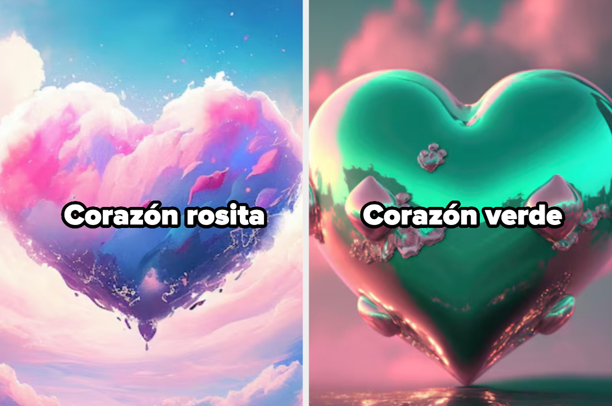 Un ilustración de dos corazones flotantes: uno rosado con fondo de cielo nublado y el otro verde con reflejos brillantes y un fondo abstracto. Texto: "Corazón rosita" y "Corazón verde"