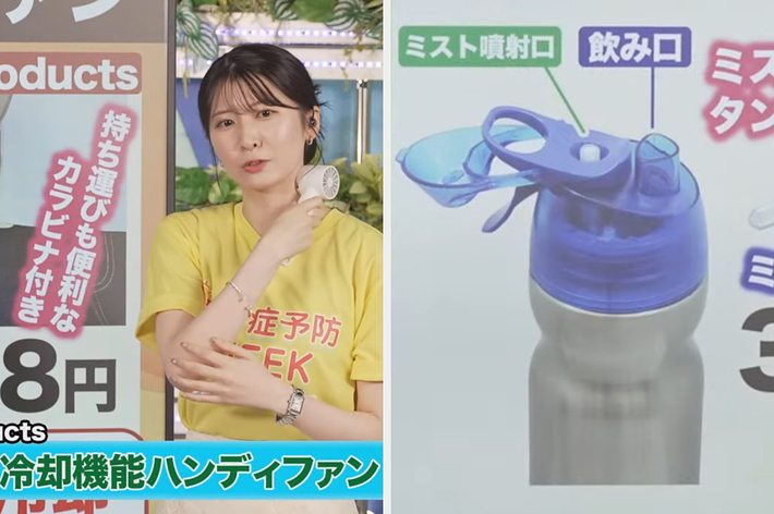 女性キャスターが大型ファンのプロトタイプを説明している。テキストには「どんな扇風機?」