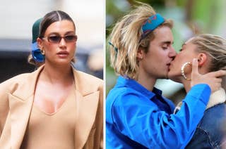 Hailey Bieber wearing stylish outfit, sunglasses, and large hoop earrings on left. Hailey Bieber kissing Justin Bieber, who is in a blue shirt, on right