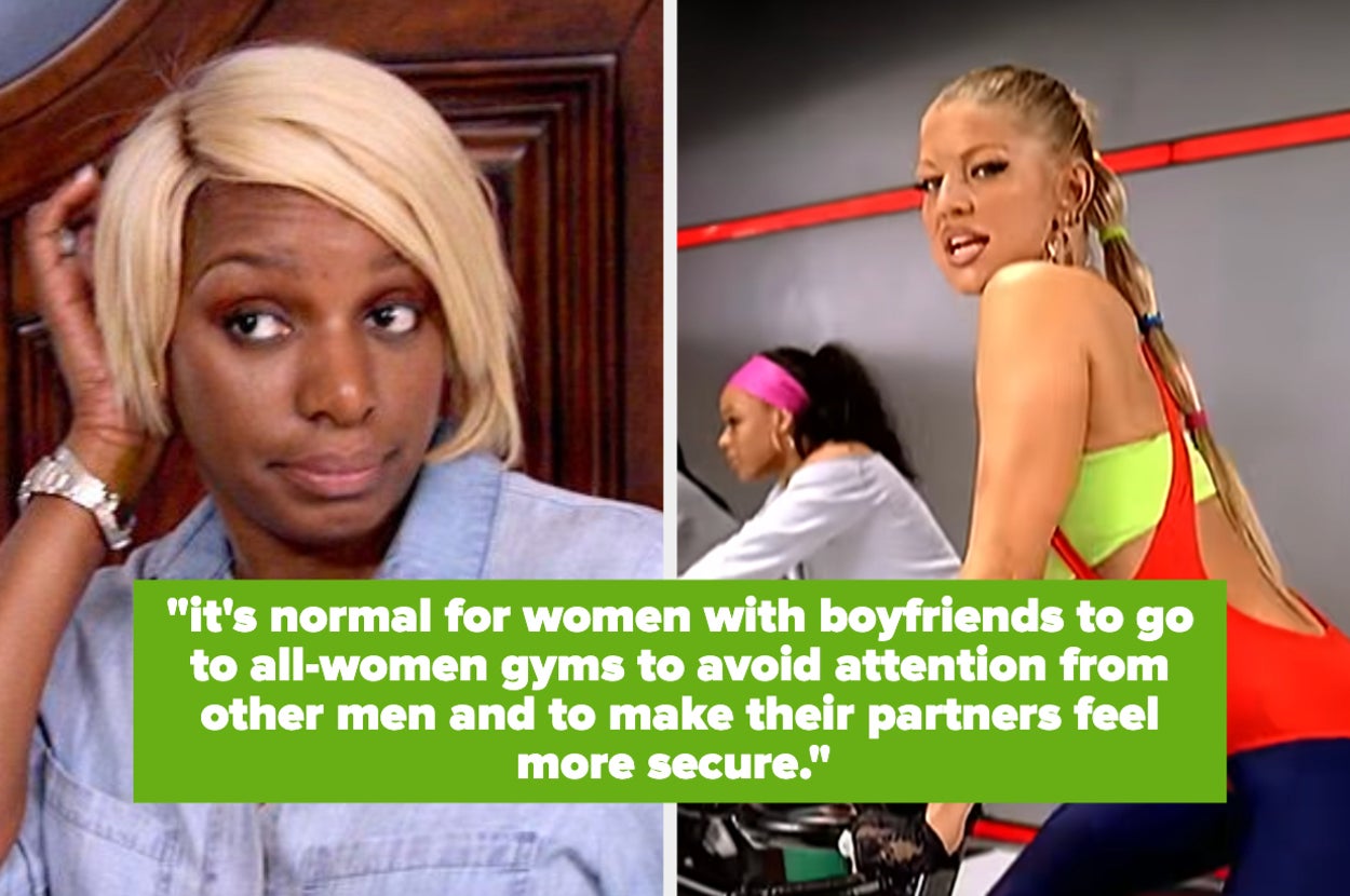 NeNe Leakes looks to the side while sitting; Adriana (Fergie) cycles wearing a stylish workout outfit. Text: "It's normal for women with boyfriends to go to all-women gyms..."