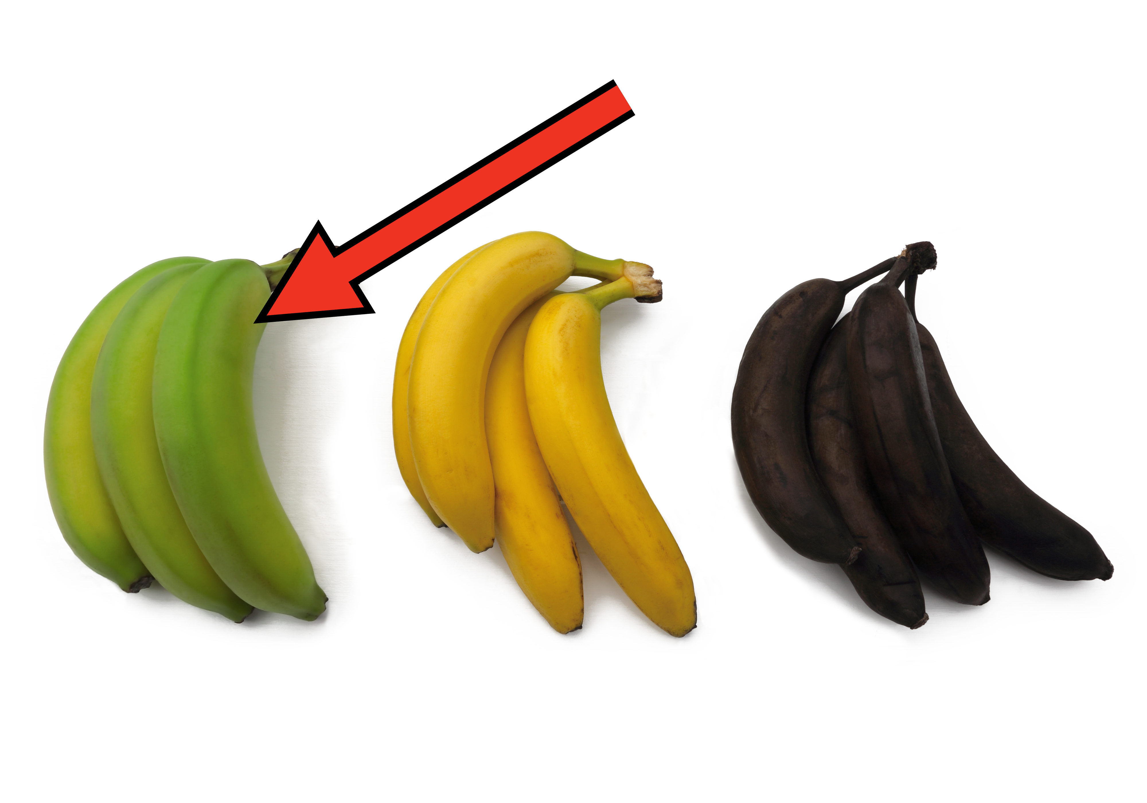 Three stages of banana ripeness: green unripe, yellow ripe, and black overripe bananas, placed side by side