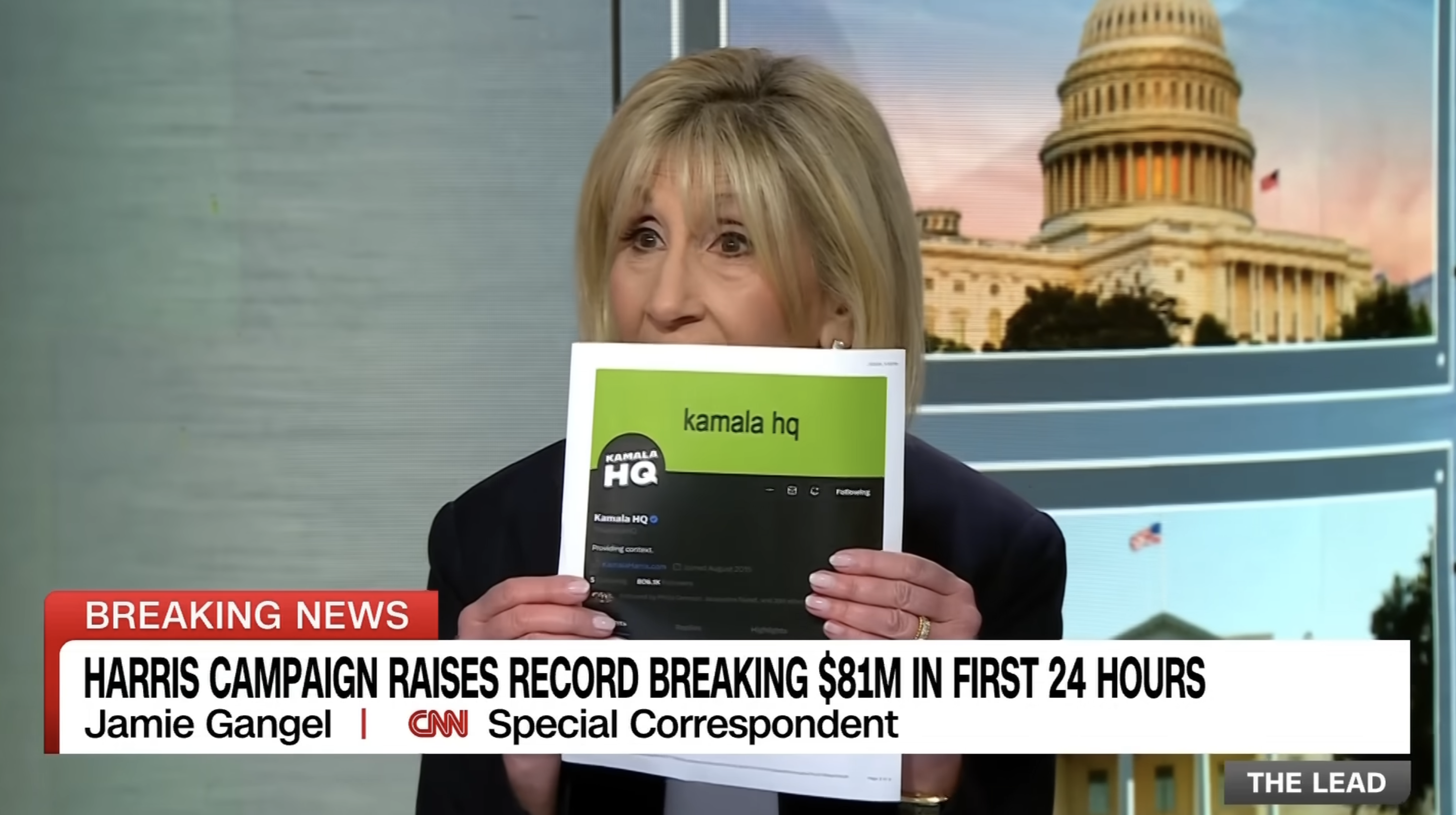 Jamie Gangel on CNN holds a printout reading &quot;kamala hq&quot;, discussing the Harris campaign raising a record $81M in the first 24 hours
