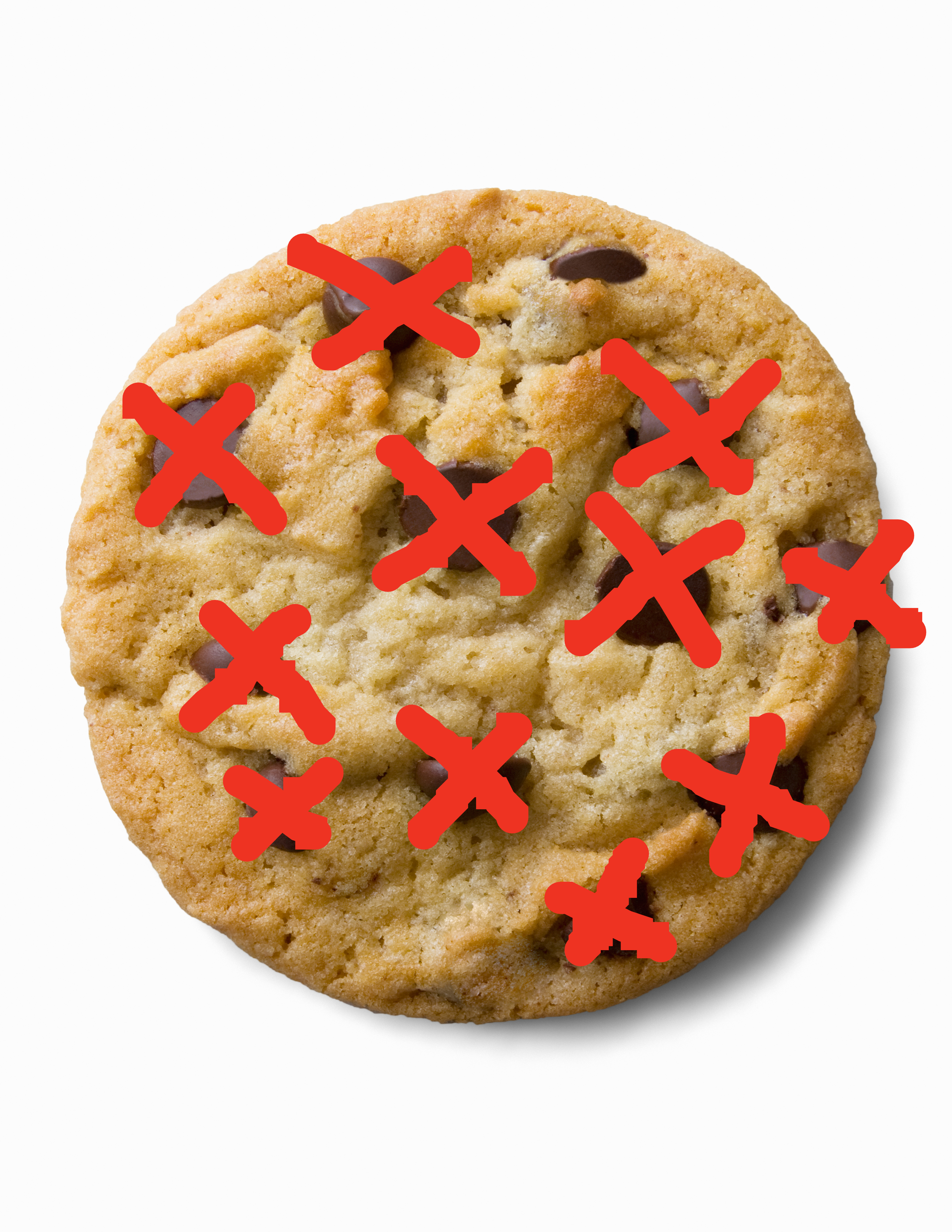 Close-up of a chocolate chip cookie with seven visible chocolate chips scattered on the surface