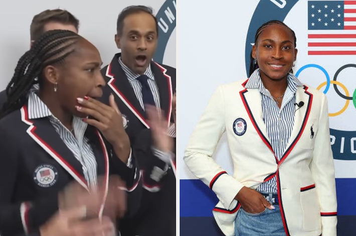 Coco Gauff in a stylish white blazer with USA Olympic team emblem poses; she reacts with teammates in a matching outfit in another image