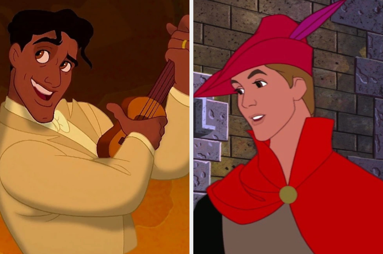 Animated characters Prince Naveen from "The Princess and the Frog" playing a ukulele and Prince Phillip from "Sleeping Beauty" wearing a red hat and cloak