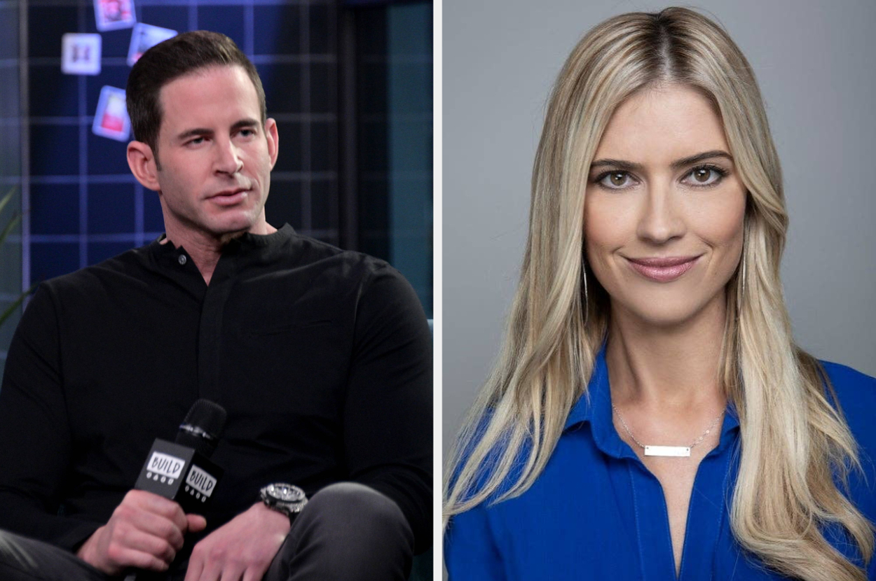 Tarek El Moussa in a shirt holding a microphone vs Christina Hall smiling at the camera