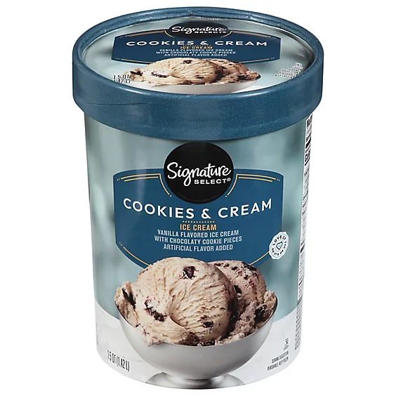 Container of Signature Select Cookies & Cream ice cream with an image of chocolate cookie pieces in vanilla ice cream on the packaging