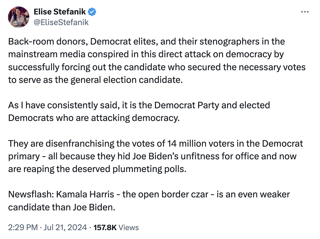 Tweet by Elise Stefanik criticizing Democrat elites for attacking democracy by removing a candidate. She states it disenfranchises voters and criticizes Kamala Harris