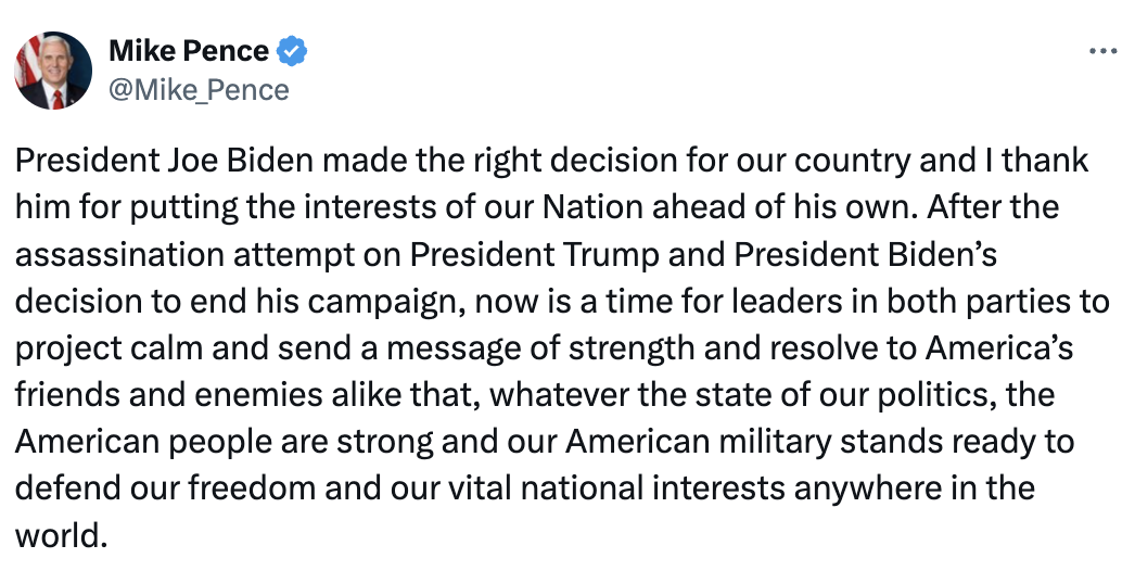 Mike Pence tweet: Praises President Biden's decision post-assassination attempt on Trump, urging political unity and highlighting America's strength and military readiness