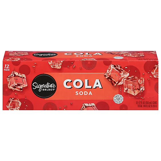 Signature Select Cola Soda 12-pack of cans with images of ice cubes on the box