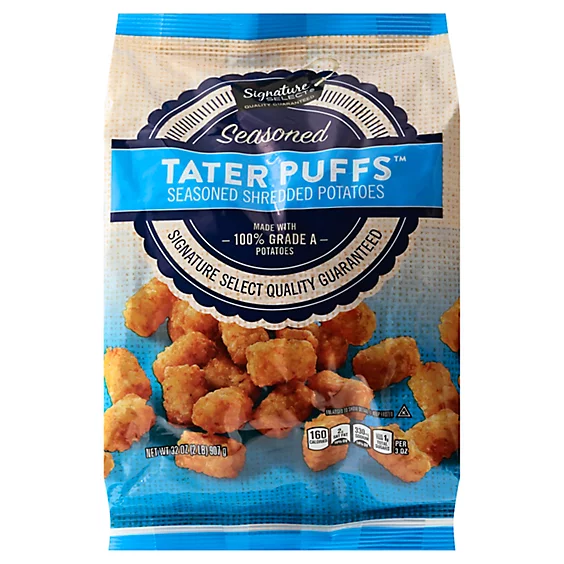 Bag of Signature Select Seasoned Tater Puffs, seasoned shredded potatoes, made with 100% Grade A potatoes, displaying nutritional information and quality guarantee