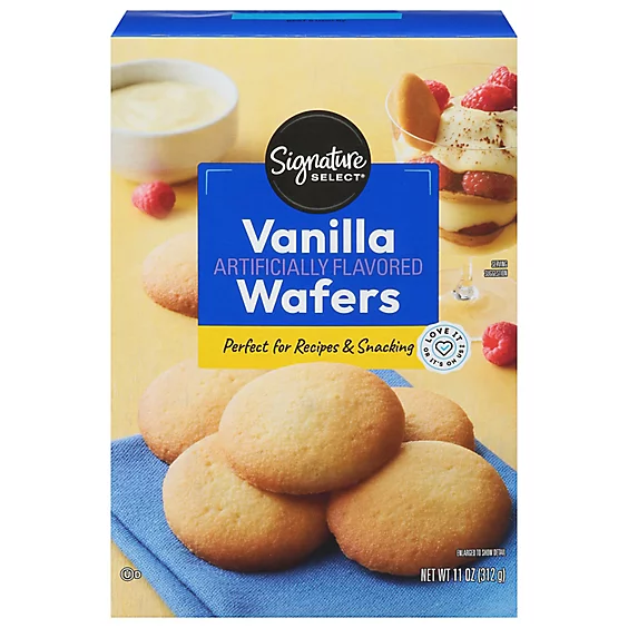 Vanilla wafer cookies by Signature Select in a blue box; label reads "Vanilla Artificially Flavored Wafers, Perfect for Recipes & Snacking"