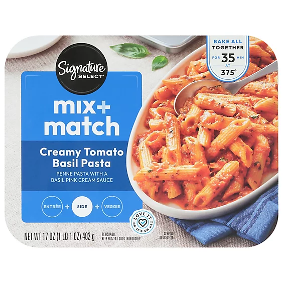 Signature Select Creamy Tomato Basil Pasta package with penne pasta in basil pink cream sauce; instructions: Bake at 375°F for 35 minutes