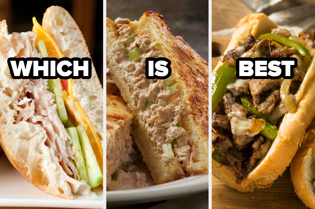 Three types of sandwiches labeled "Which Is Best": a turkey sandwich with cucumber and tomato, a tuna melt, and a Philly cheesesteak