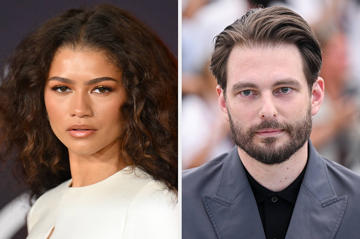 Close-ups of Zendaya, wearing a sleek white outfit, and Ludwig Göransson, in a classic buttoned-up suit, at a public event