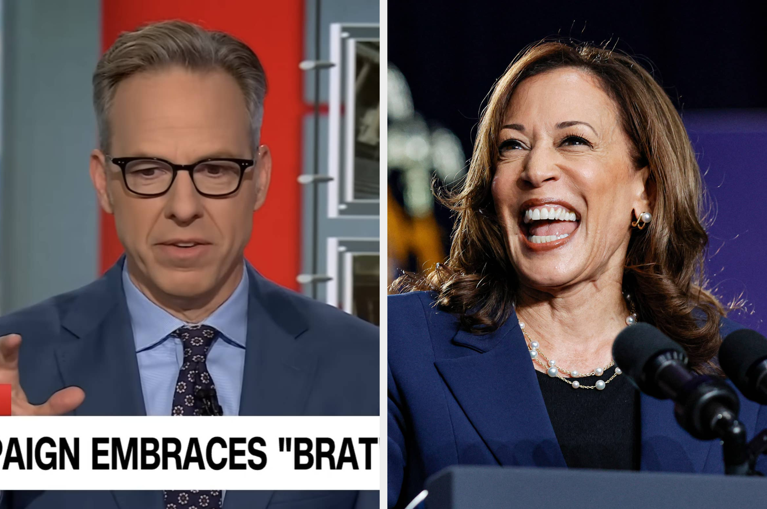On the left, a CNN correspondent discusses a news item. On the right, Kamala Harris speaks at a microphone, smiling
