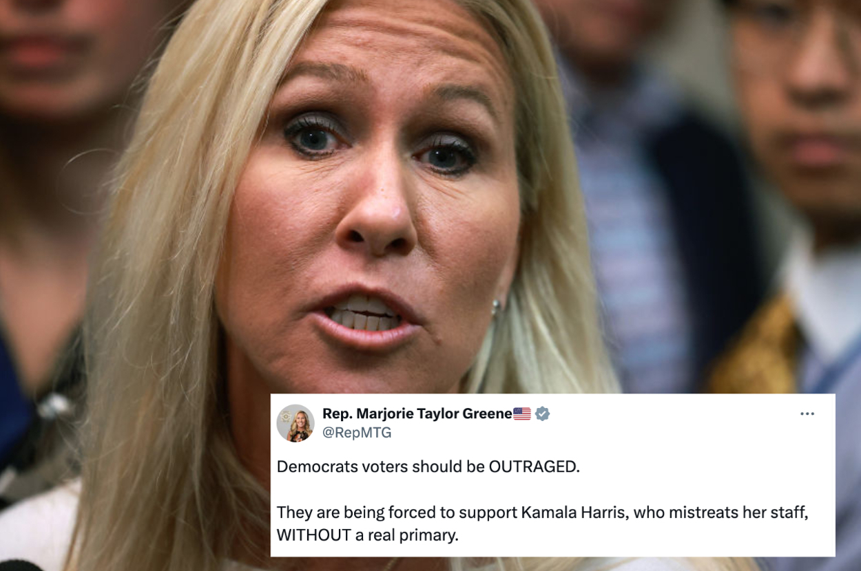 Rep. Marjorie Taylor Greene speaking at an event. Below is her tweet: "Democrats voters should be OUTRAGED. They are being forced to support Kamala Harris, who mistreats her staff, WITHOUT a real primary."