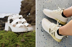Two images side by side: Left image shows white strappy platform sandals on rocks near the ocean. Right image shows beige athletic sneakers with gold accents worn on feet