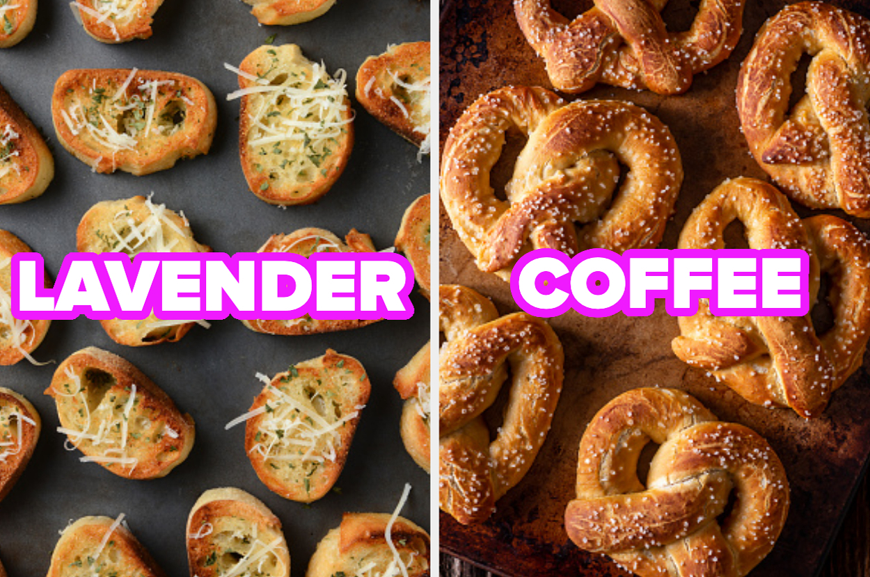 Assortment of garlic bread topped with cheese on the left and soft pretzels with salt on the right, with the words "LAVENDER" and "COFFEE" overlaid