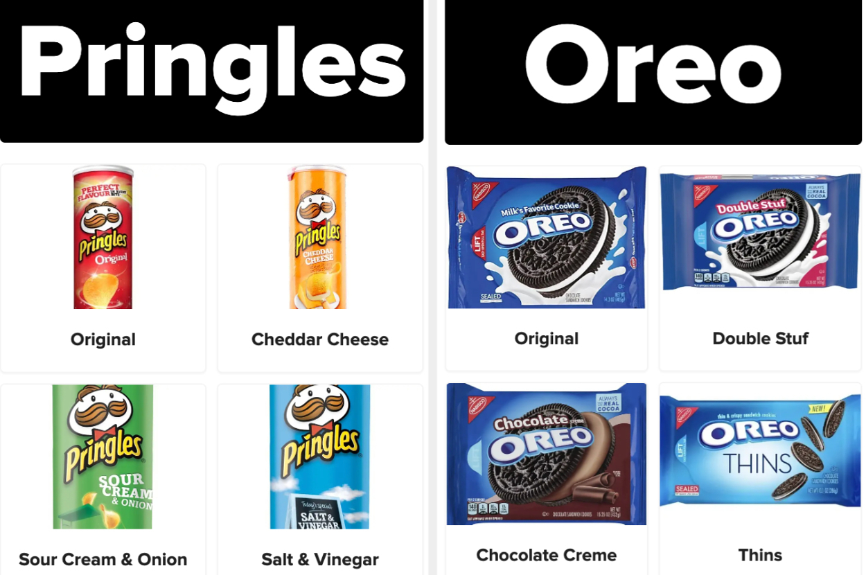 Comparison image of Pringles and Oreo products, featuring various flavors like Original, Cheddar Cheese, Double Stuf, Sour Cream & Onion, and Chocolate Creme