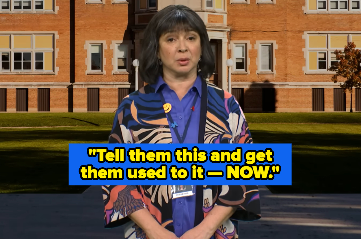 Maya Rudolph dressed in a colorful shawl and a blue shirt stands in front of a school building. Text on screen reads: "Tell them this and get them used to it — NOW."