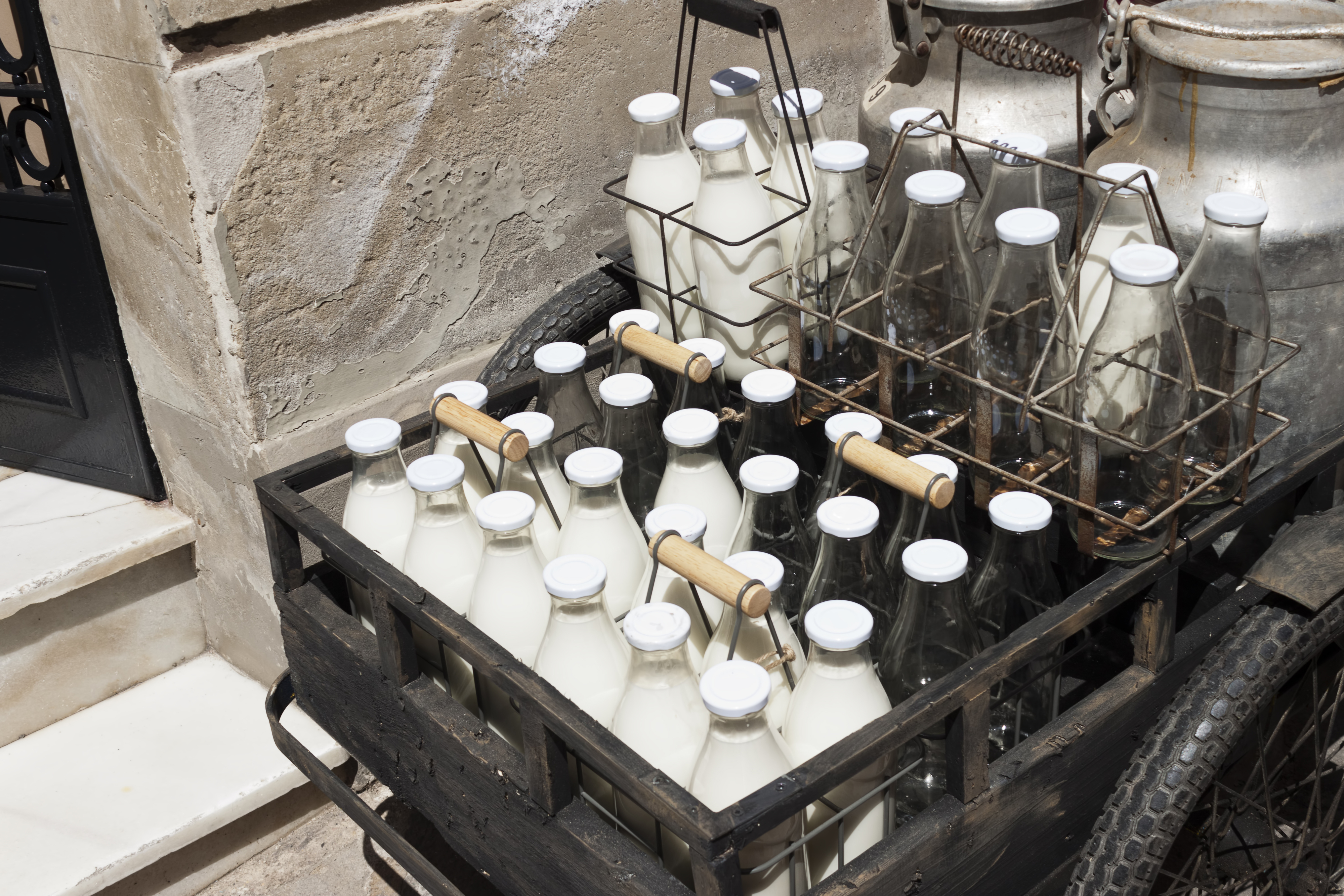 Vintage milk bottles in wooden crates and metal racks, placed beside old-fashioned milk churns