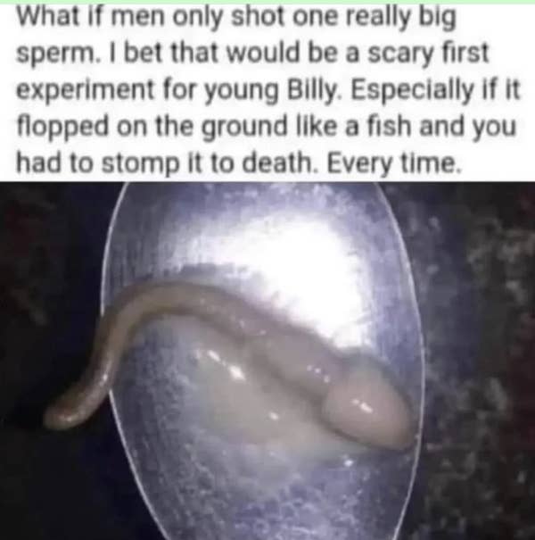 Text on image: "What if men only shot one really big sperm. I bet that would be a scary first experiment for young Billy. Especially if it flopped on the ground like a fish and you had to stomp it to death. Every time."