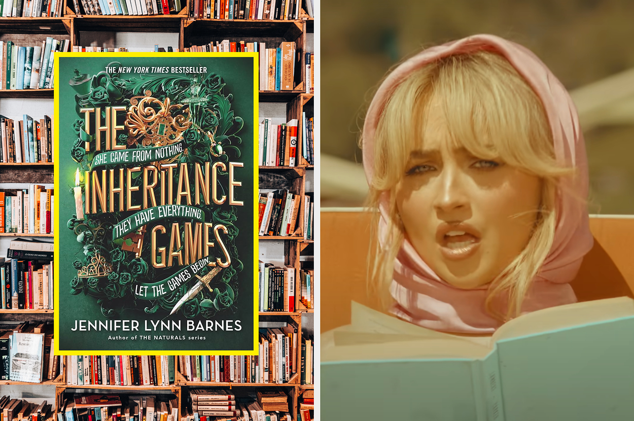 "The Inheritance Games" book by Jennifer Lynn Barnes on a bookshelf next to Sabrina Carpenter with blonde hair wearing a pink headscarf, reading a book
