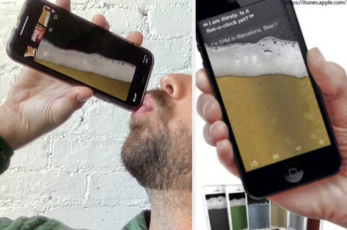 Man using a smartphone app that simulates drinking a beer with a photo of the beer pouring on the screen