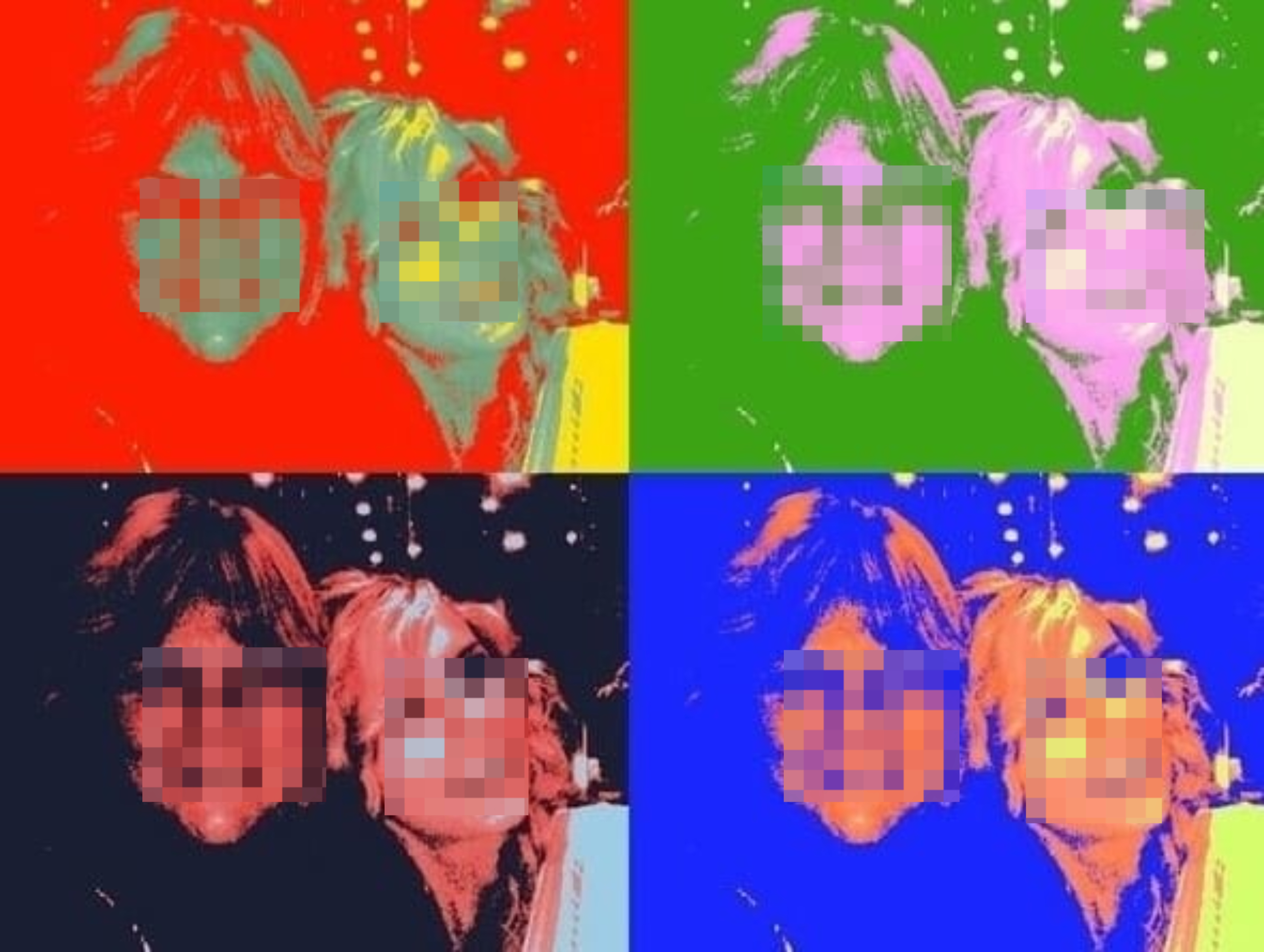 Andy Warhol-style pop art image of two people smiling together, repeated in four color variations: red, green, black, and blue. Names unknown