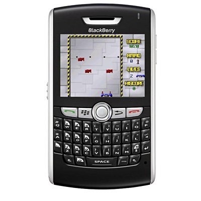 A classic BlackBerry smartphone showing a game on its screen with scores and lives displayed on the right side