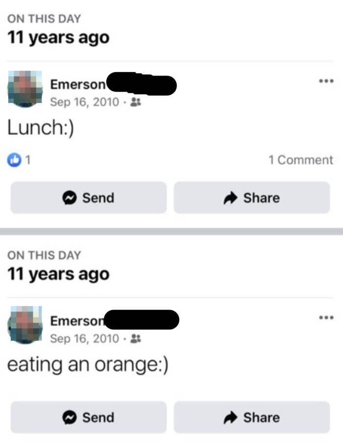 A Facebook memory from 11 years ago "Lunch:)" and "eating an orange:)" from September 16, 2010