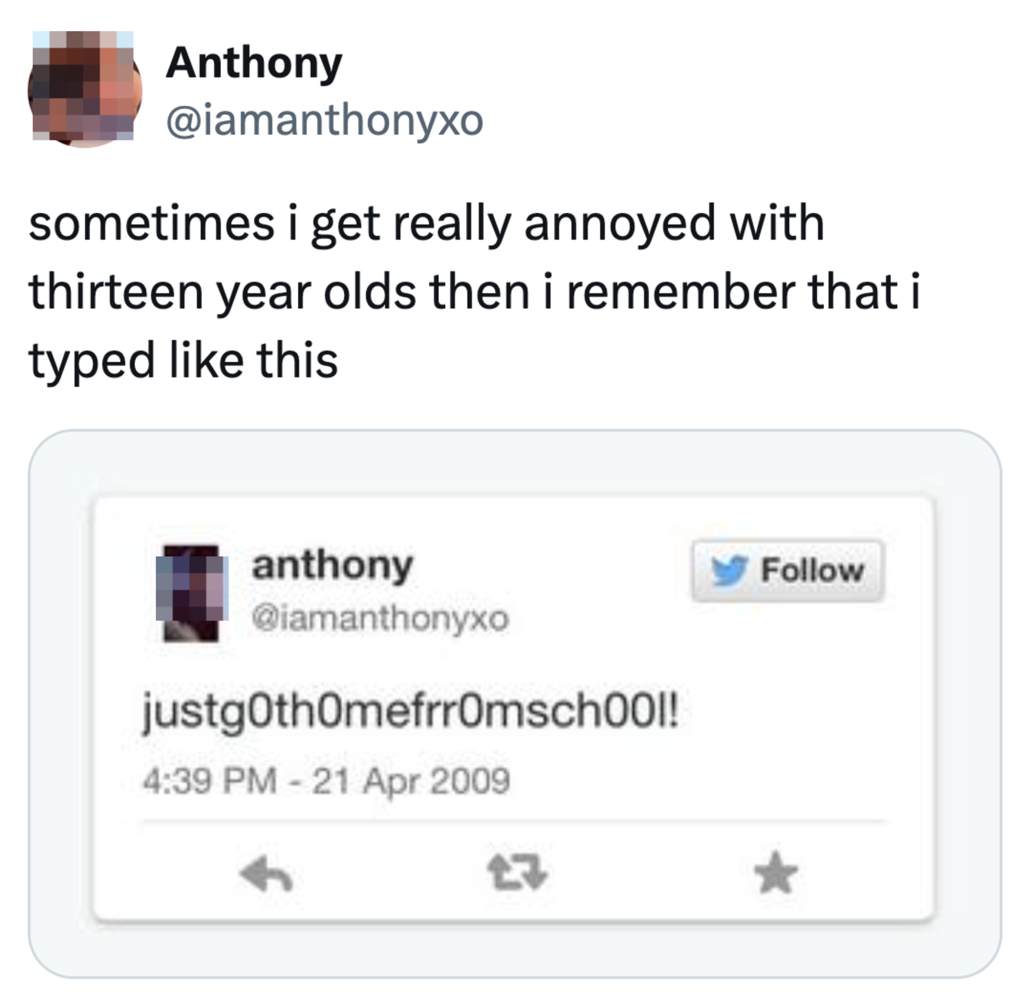 Anthony tweets humorously about being annoyed with teenagers, remembering he also typed like them at that age