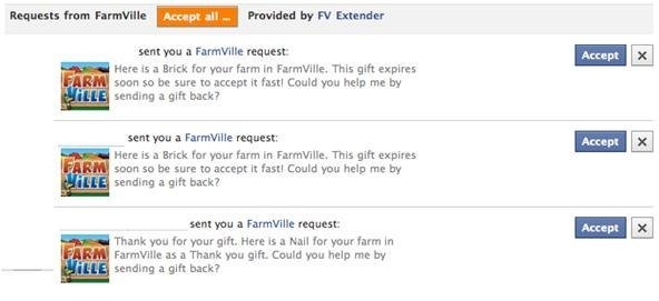 FarmVille game requests: asking for a brick, sending a brick as a thank you gift, and requesting a nail