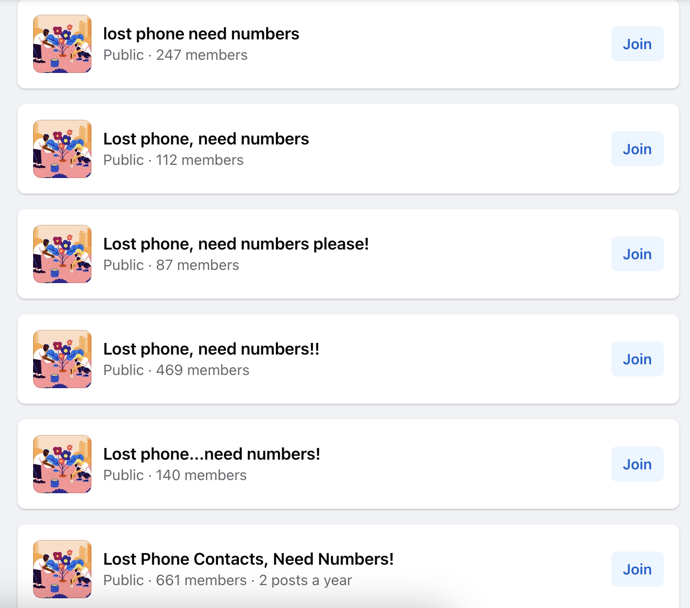 List of groups titled "Lost phone need numbers" with varying member counts; options to join each group are available